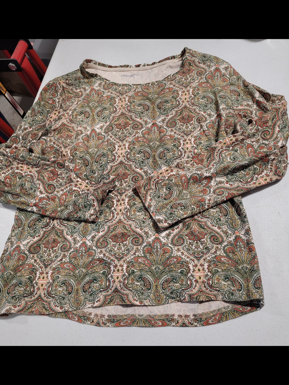 Laura Scott Paisley Long Sleeve Top in Olive, Rust & Cream